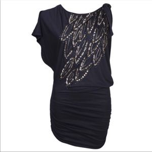 Navy Beaded Asymmetrical Tunic Top Dress